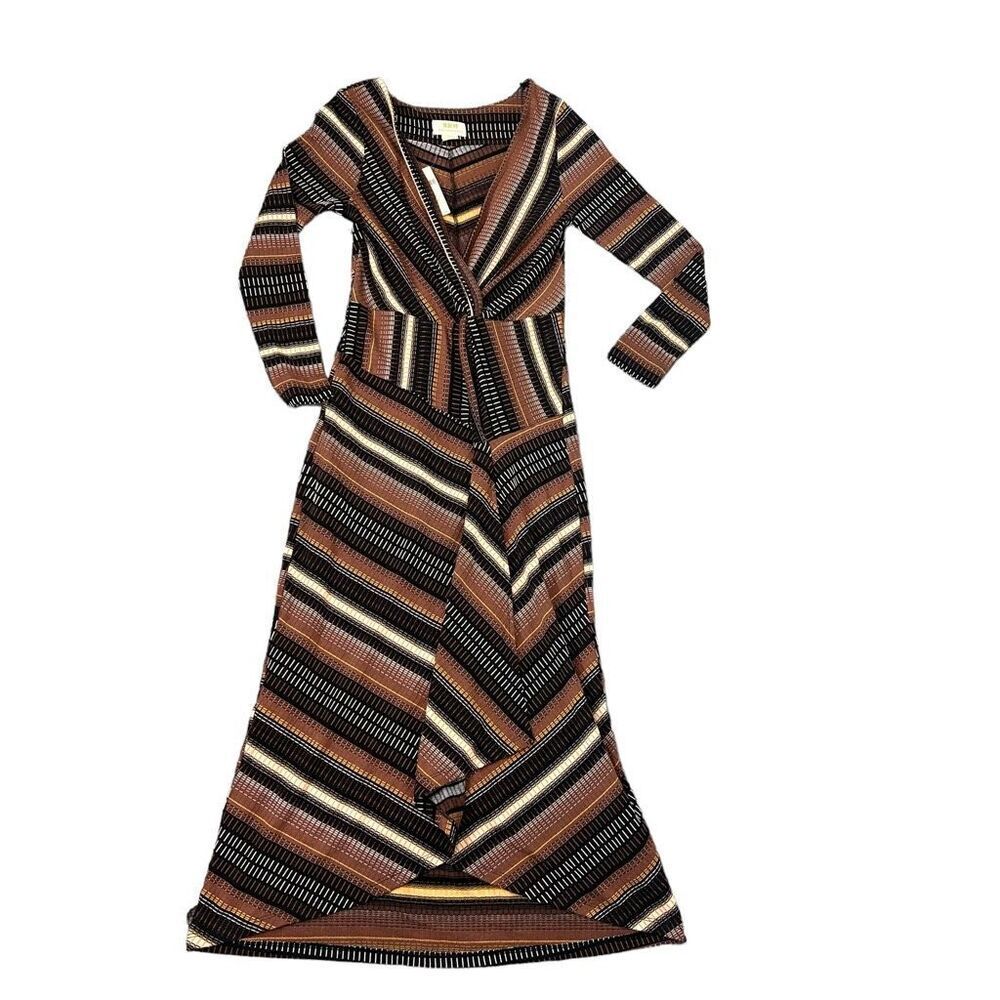 Anthropologie Maeve Midi Dress NWT Striped Wrap Knit Retro Brown XSP Zig Zag XS - Picture 8 of 15